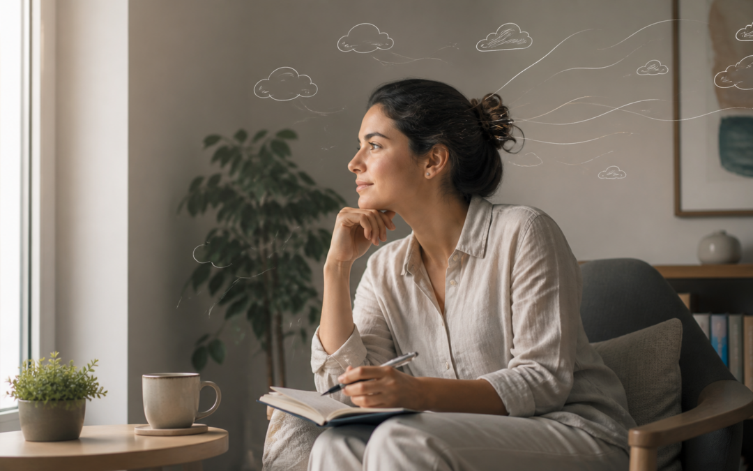 Persona escribiendo en un cuaderno mientras observa sus pensamientos con calma